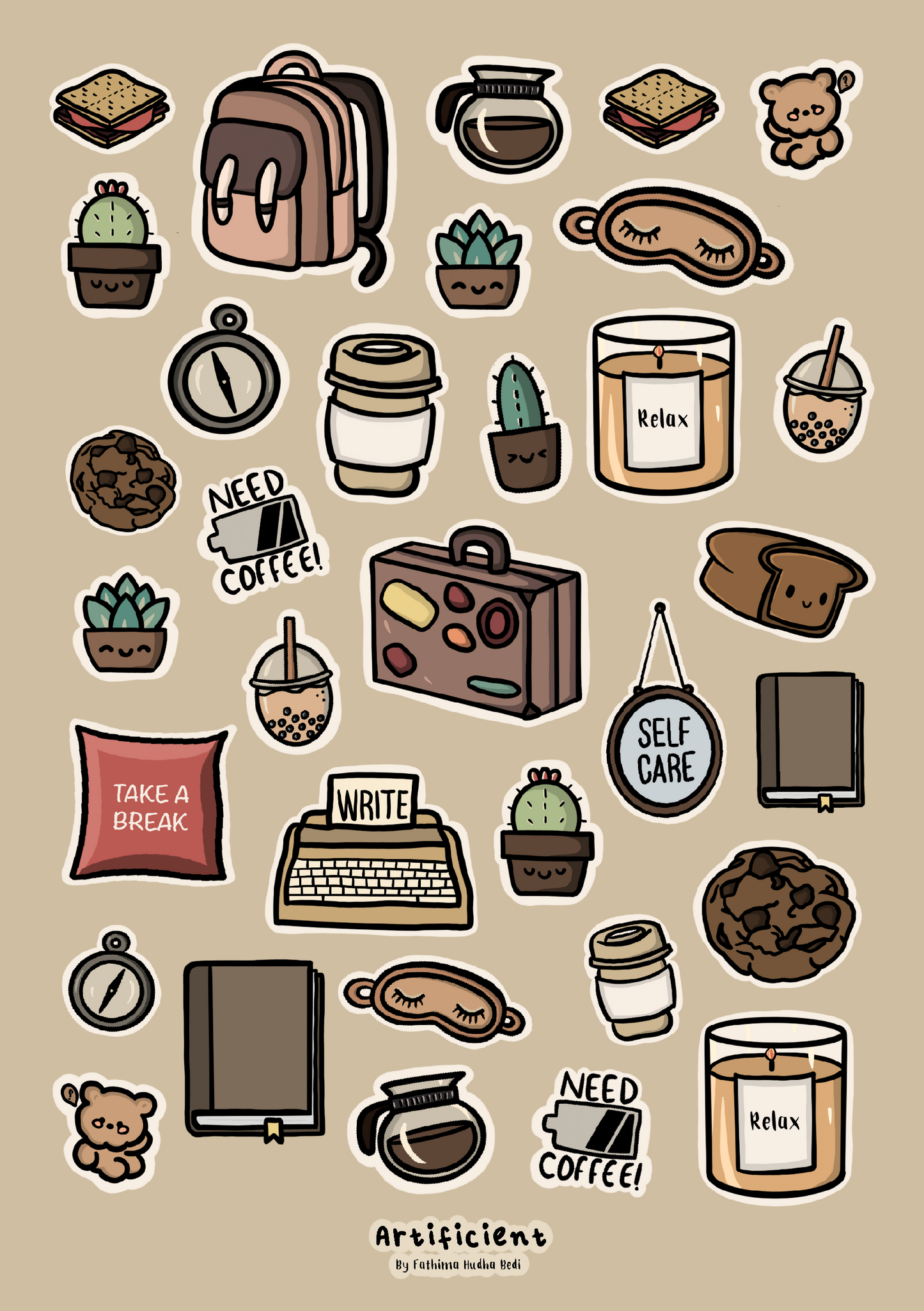 Illustrated Sticker Pack- Tan 1